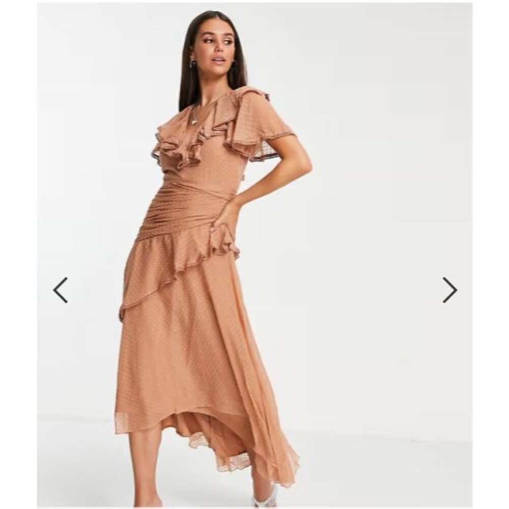 ASOS DESIGN Sz 6 Tall Ruffle Midi Dress Tan Draped Textured Chiffon Tie Waist